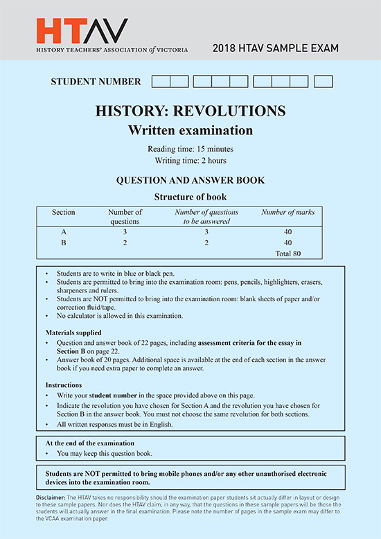 2018 HTAV Revolutions Sample Exam cover